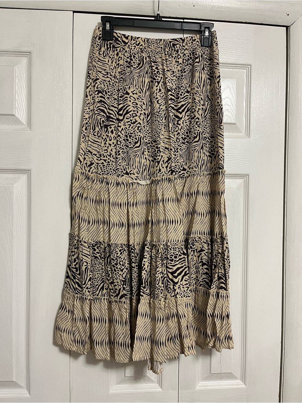 Tiered Animal-Print Maxi Skirt in Beige and Black
